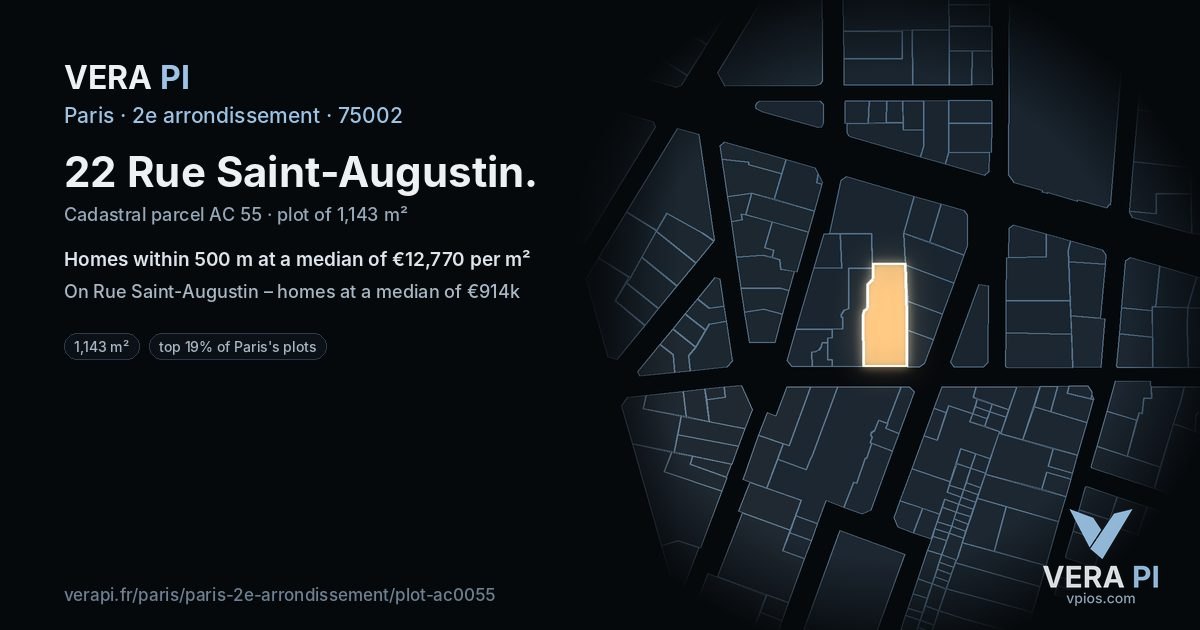 22 Rue Saint-Augustin, 2e arrondissement at night – the plot lit, the parcels around coloured by the prices near them