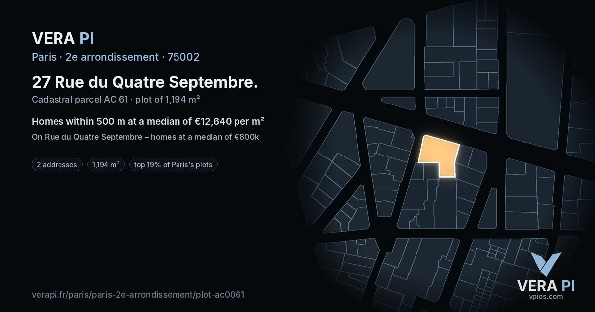 27 Rue du Quatre Septembre, 2e arrondissement at night – the plot lit, the parcels around coloured by the prices near them