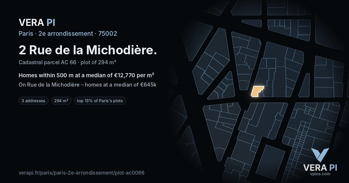 2 Rue de la Michodière, 2e arrondissement at night – the plot lit, the parcels around coloured by the prices near them