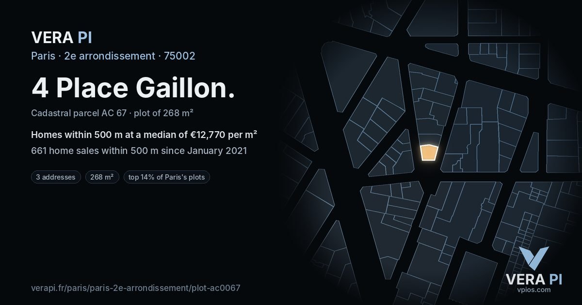 4 Place Gaillon, 2e arrondissement at night – the plot lit, the parcels around coloured by the prices near them