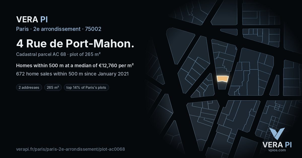 4 Rue de Port-Mahon, 2e arrondissement at night – the plot lit, the parcels around coloured by the prices near them
