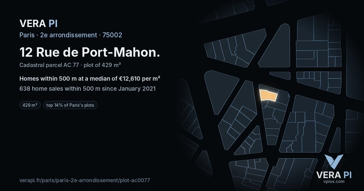 12 Rue de Port-Mahon, 2e arrondissement at night – the plot lit, the parcels around coloured by the prices near them