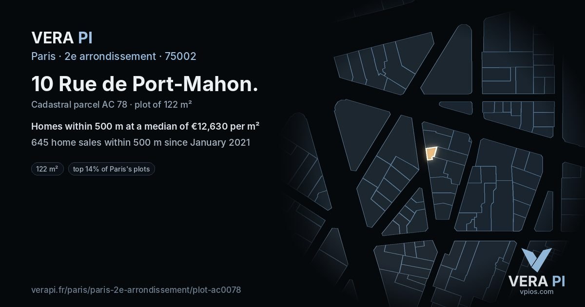 10 Rue de Port-Mahon, 2e arrondissement at night – the plot lit, the parcels around coloured by the prices near them