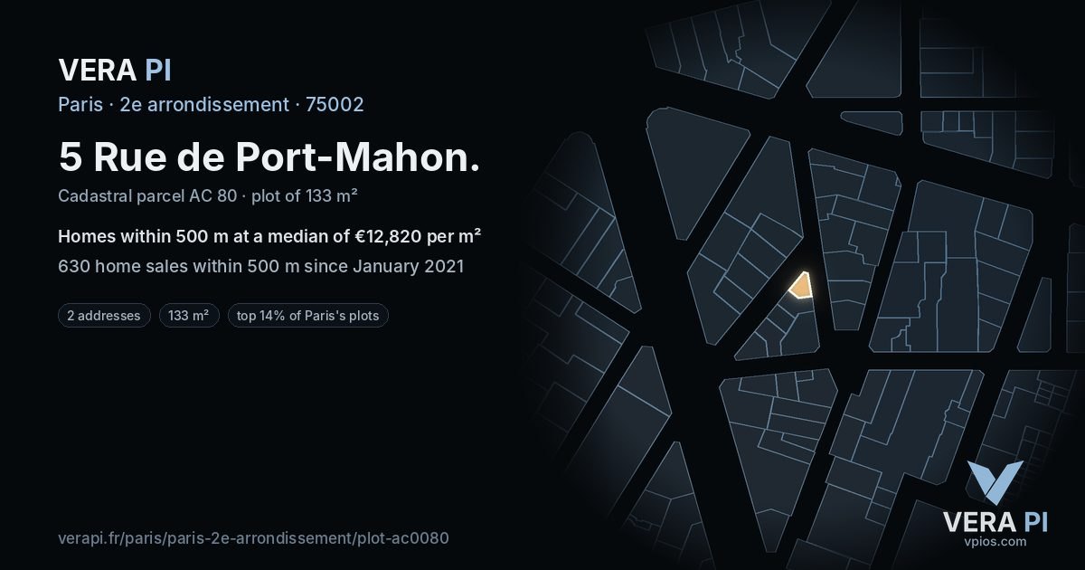 5 Rue de Port-Mahon, 2e arrondissement at night – the plot lit, the parcels around coloured by the prices near them