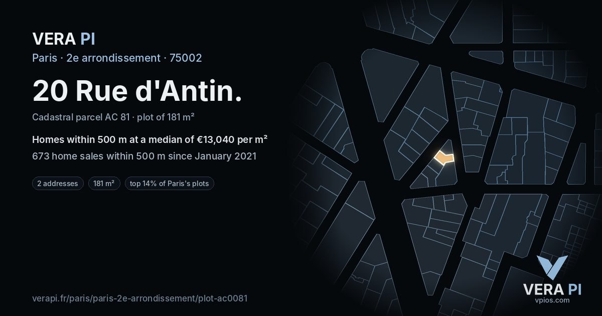 20 Rue d'Antin, 2e arrondissement at night – the plot lit, the parcels around coloured by the prices near them