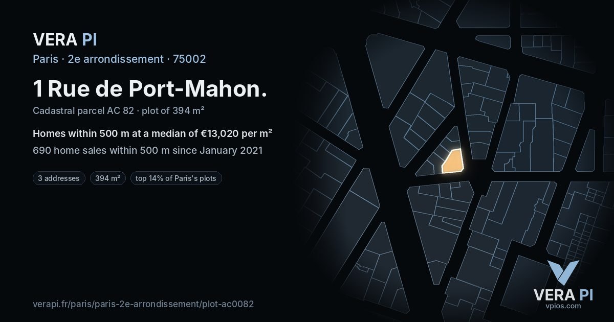 1 Rue de Port-Mahon, 2e arrondissement at night – the plot lit, the parcels around coloured by the prices near them