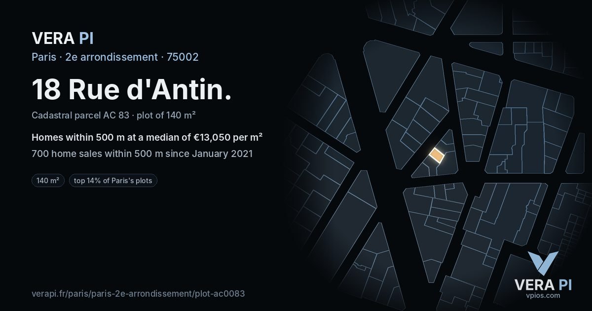 18 Rue d'Antin, 2e arrondissement at night – the plot lit, the parcels around coloured by the prices near them
