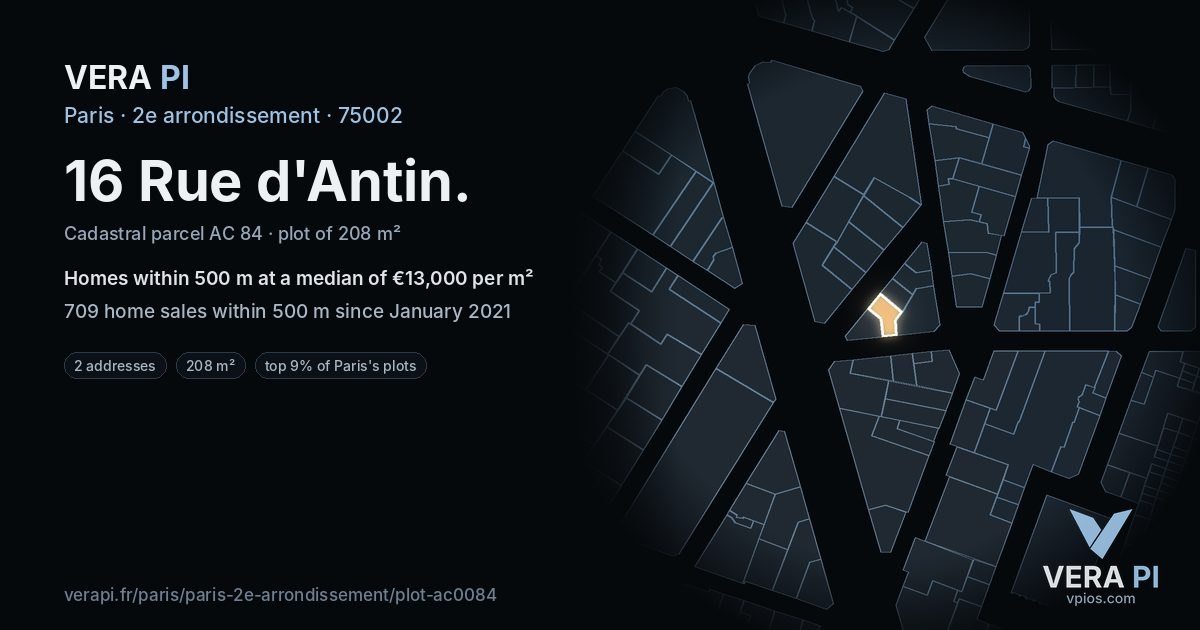 16 Rue d'Antin, 2e arrondissement at night – the plot lit, the parcels around coloured by the prices near them