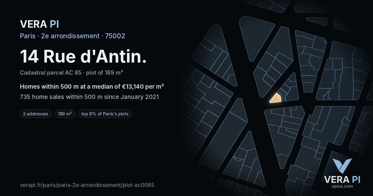 14 Rue d'Antin, 2e arrondissement at night – the plot lit, the parcels around coloured by the prices near them