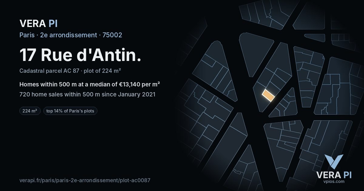17 Rue d'Antin, 2e arrondissement at night – the plot lit, the parcels around coloured by the prices near them
