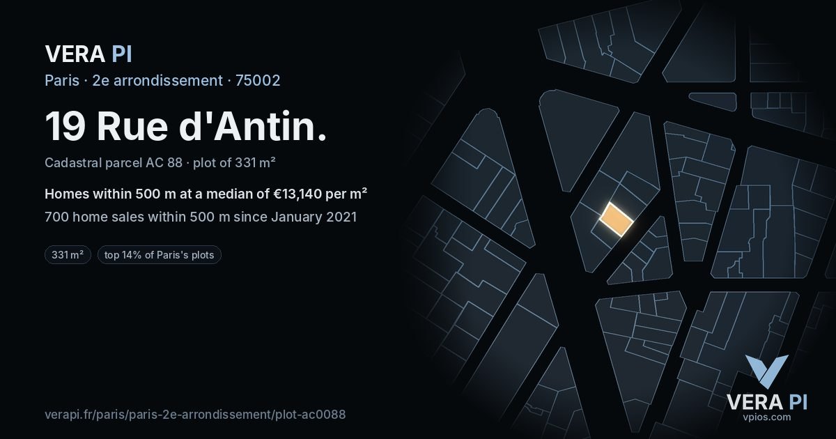 19 Rue d'Antin, 2e arrondissement at night – the plot lit, the parcels around coloured by the prices near them