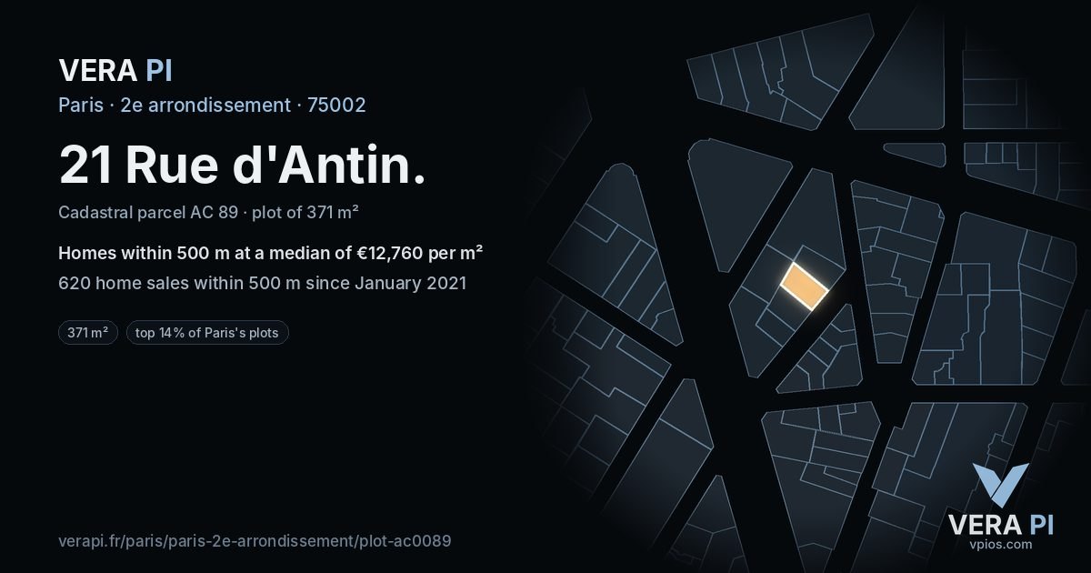 21 Rue d'Antin, 2e arrondissement at night – the plot lit, the parcels around coloured by the prices near them