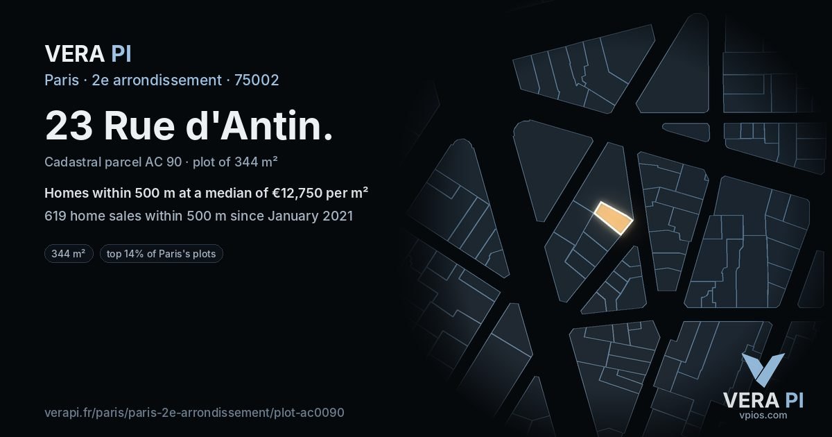 23 Rue d'Antin, 2e arrondissement at night – the plot lit, the parcels around coloured by the prices near them