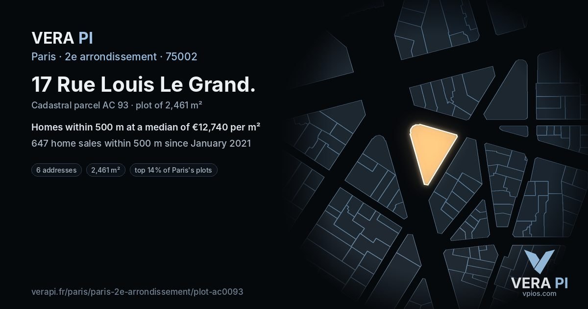 17 Rue Louis Le Grand, 2e arrondissement at night – the plot lit, the parcels around coloured by the prices near them