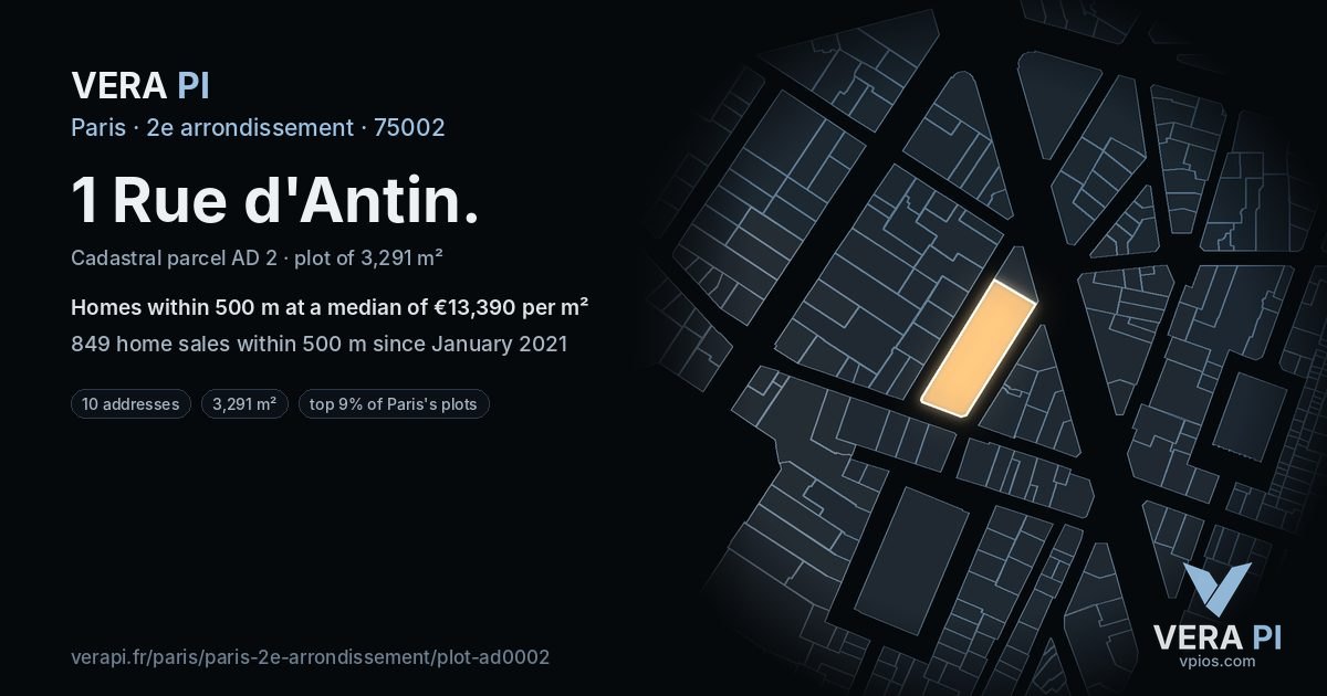 1 Rue d'Antin, 2e arrondissement at night – the plot lit, the parcels around coloured by the prices near them
