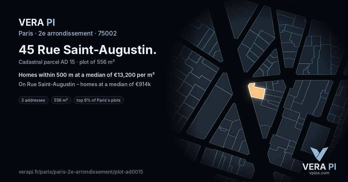 45 Rue Saint-Augustin, 2e arrondissement at night – the plot lit, the parcels around coloured by the prices near them