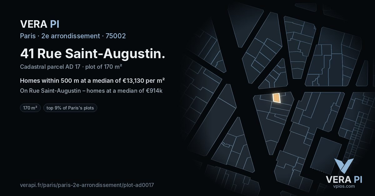 41 Rue Saint-Augustin, 2e arrondissement at night – the plot lit, the parcels around coloured by the prices near them