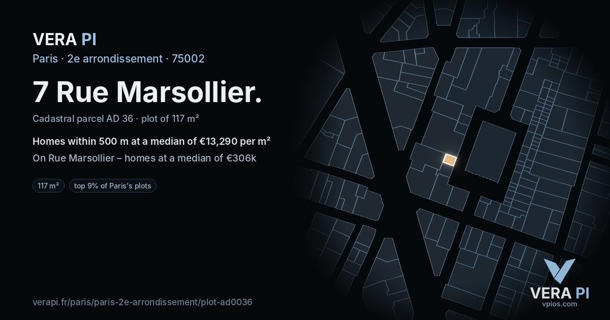 7 Rue Marsollier, 2e arrondissement at night – the plot lit, the parcels around coloured by the prices near them