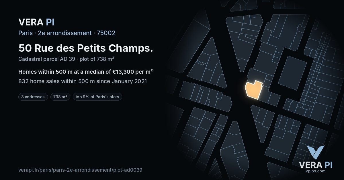 50 Rue des Petits Champs, 2e arrondissement at night – the plot lit, the parcels around coloured by the prices near them