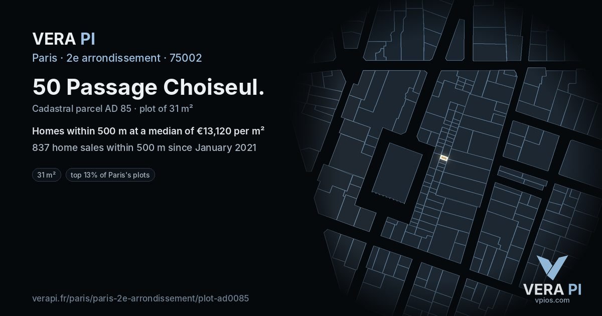 50 Passage Choiseul, 2e arrondissement at night – the plot lit, the parcels around coloured by the prices near them