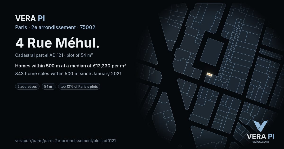 4 Rue Méhul, 2e arrondissement at night – the plot lit, the parcels around coloured by the prices near them