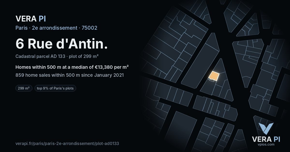 6 Rue d'Antin, 2e arrondissement at night – the plot lit, the parcels around coloured by the prices near them