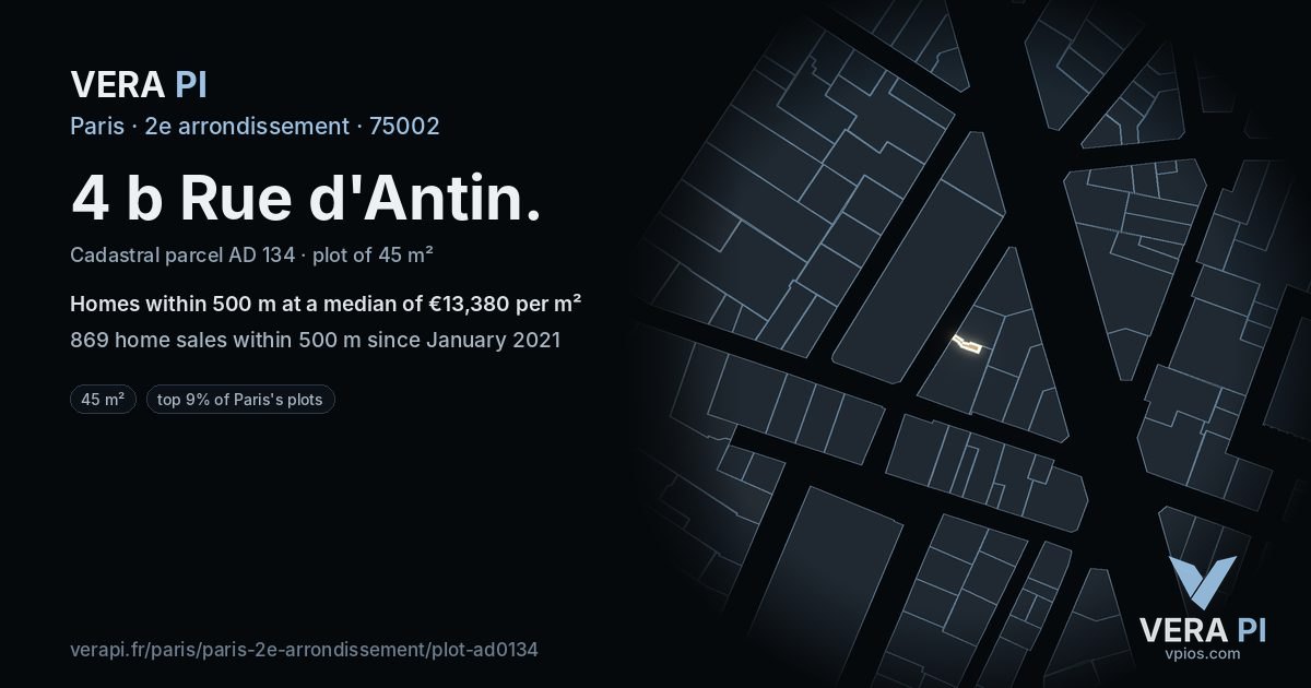 4 b Rue d'Antin, 2e arrondissement at night – the plot lit, the parcels around coloured by the prices near them