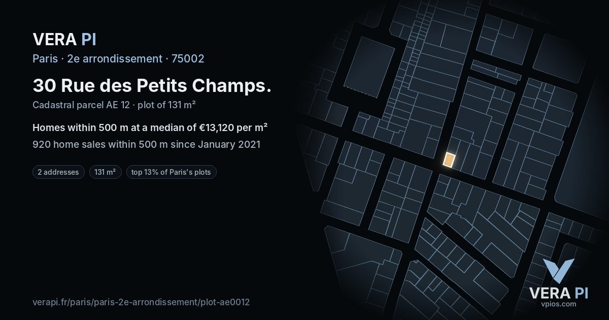 30 Rue des Petits Champs, 2e arrondissement at night – the plot lit, the parcels around coloured by the prices near them