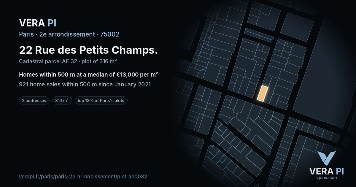 22 Rue des Petits Champs, 2e arrondissement at night – the plot lit, the parcels around coloured by the prices near them