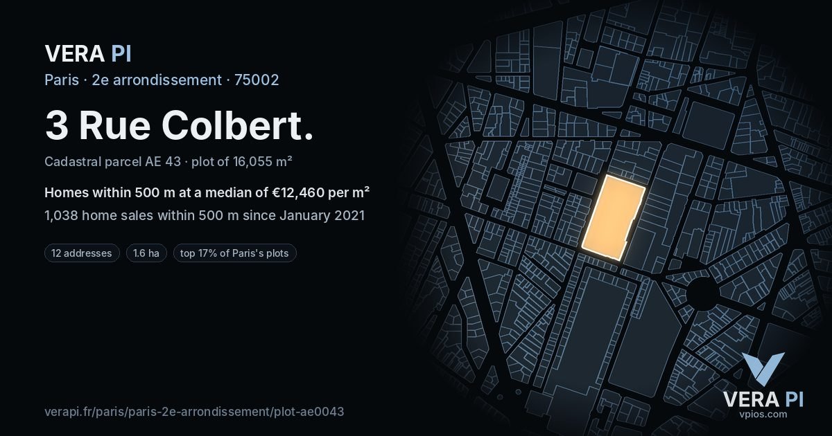 3 Rue Colbert, 2e arrondissement at night – the plot lit, the parcels around coloured by the prices near them