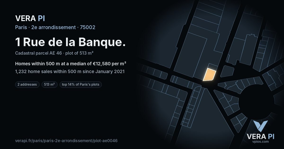 1 Rue de la Banque, 2e arrondissement at night – the plot lit, the parcels around coloured by the prices near them