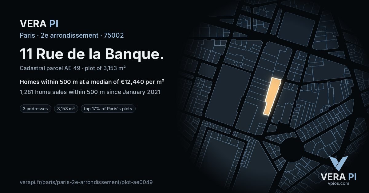 11 Rue de la Banque, 2e arrondissement at night – the plot lit, the parcels around coloured by the prices near them