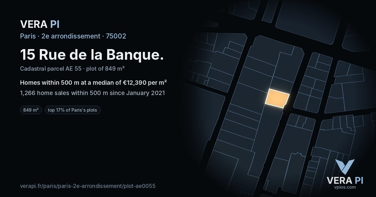 15 Rue de la Banque, 2e arrondissement at night – the plot lit, the parcels around coloured by the prices near them