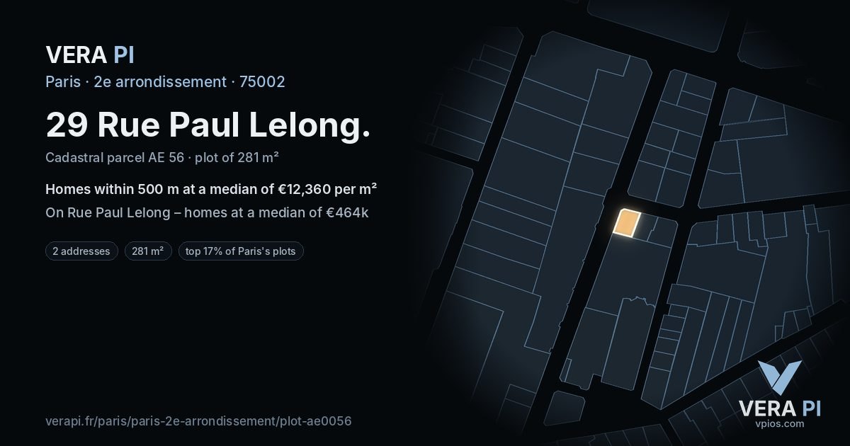 29 Rue Paul Lelong, 2e arrondissement at night – the plot lit, the parcels around coloured by the prices near them
