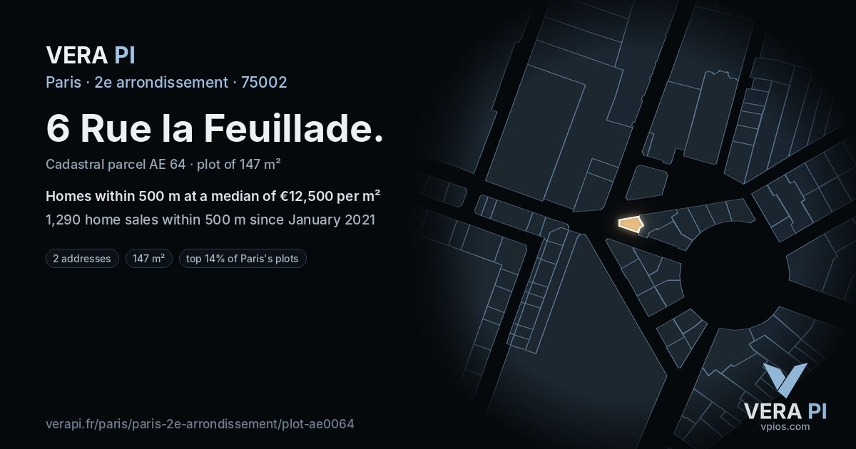 6 Rue la Feuillade, 2e arrondissement at night – the plot lit, the parcels around coloured by the prices near them
