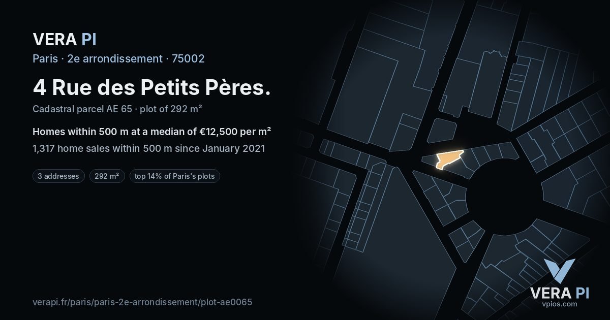 4 Rue des Petits Pères, 2e arrondissement at night – the plot lit, the parcels around coloured by the prices near them