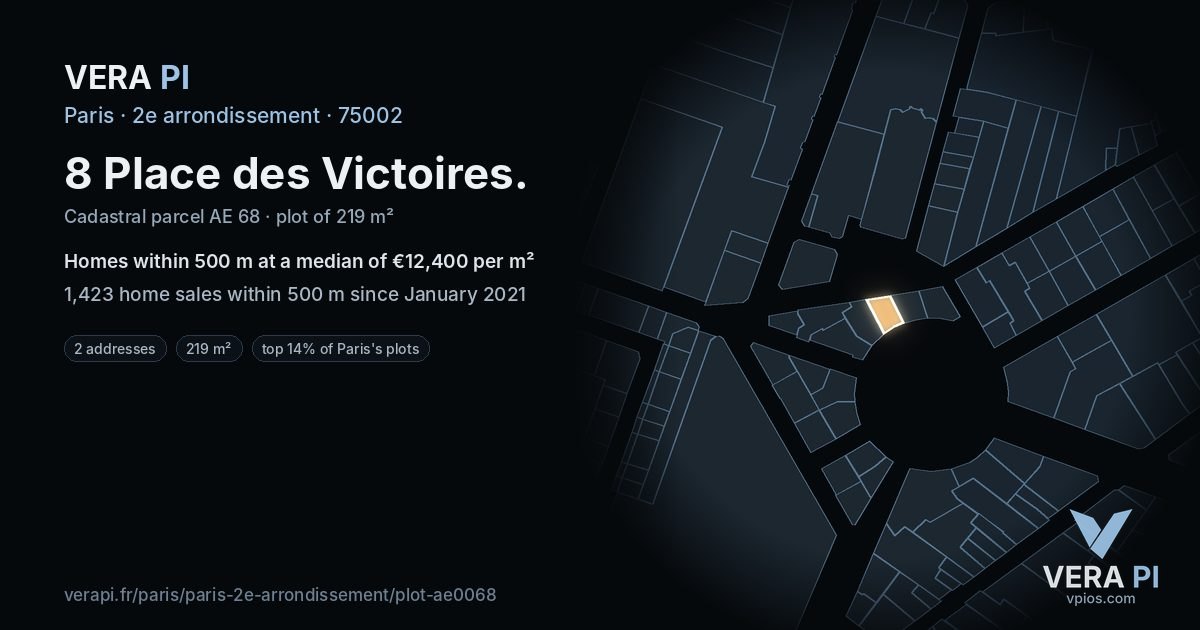 8 Place des Victoires, 2e arrondissement at night – the plot lit, the parcels around coloured by the prices near them