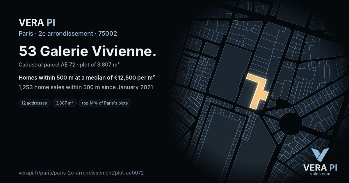 53 Galerie Vivienne, 2e arrondissement at night – the plot lit, the parcels around coloured by the prices near them
