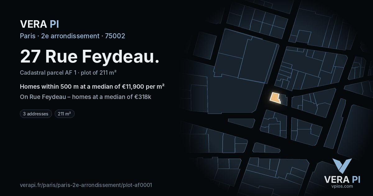 27 Rue Feydeau, 2e arrondissement at night – the plot lit, the parcels around coloured by the prices near them