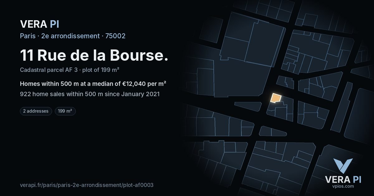 11 Rue de la Bourse, 2e arrondissement at night – the plot lit, the parcels around coloured by the prices near them
