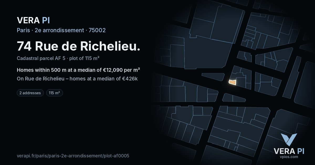 74 Rue de Richelieu, 2e arrondissement at night – the plot lit, the parcels around coloured by the prices near them