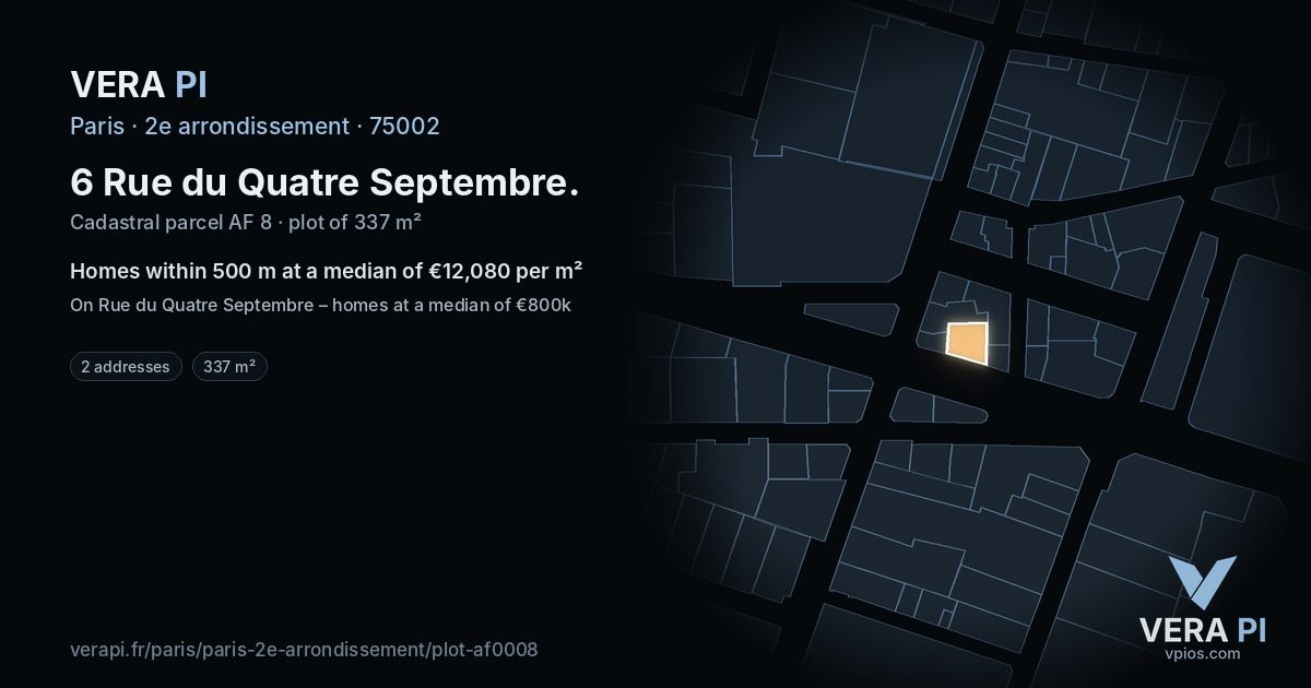 6 Rue du Quatre Septembre, 2e arrondissement at night – the plot lit, the parcels around coloured by the prices near them