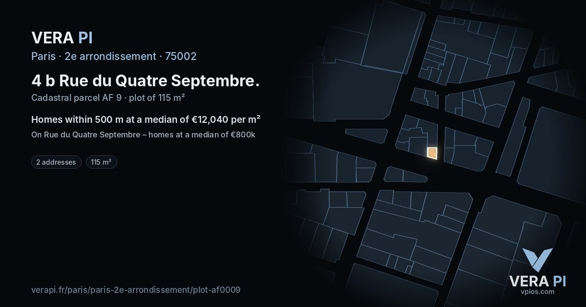 4 b Rue du Quatre Septembre, 2e arrondissement at night – the plot lit, the parcels around coloured by the prices near them