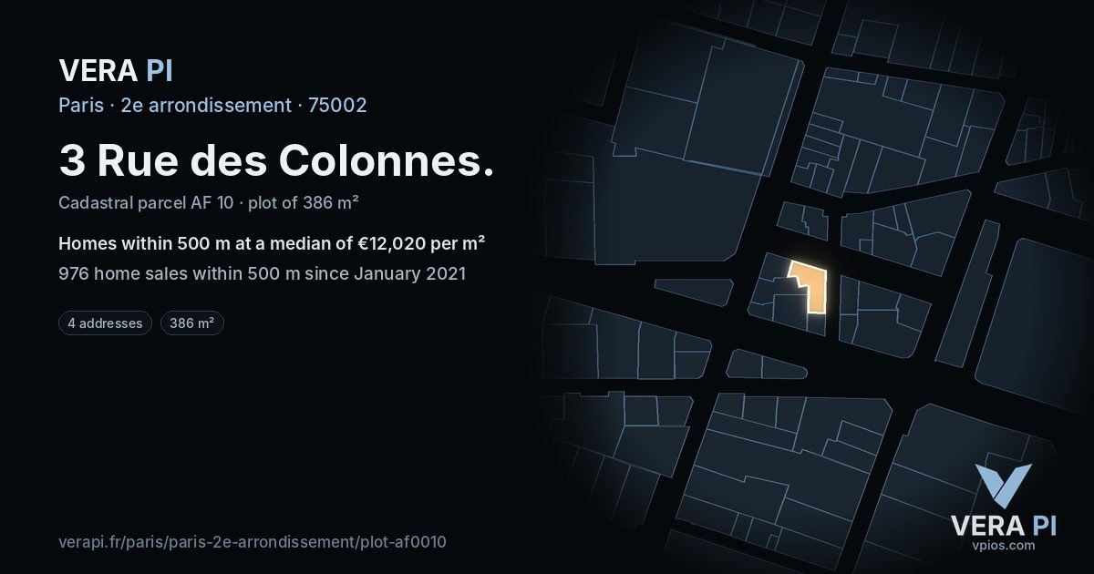 3 Rue des Colonnes, 2e arrondissement at night – the plot lit, the parcels around coloured by the prices near them