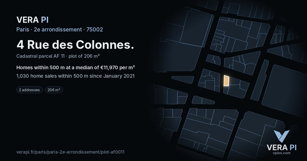 4 Rue des Colonnes, 2e arrondissement at night – the plot lit, the parcels around coloured by the prices near them