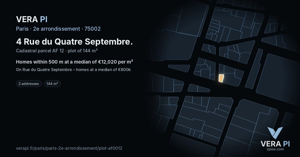 4 Rue du Quatre Septembre, 2e arrondissement at night – the plot lit, the parcels around coloured by the prices near them