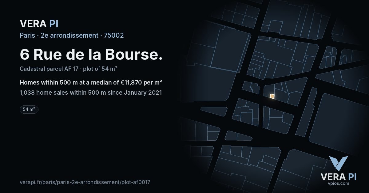 6 Rue de la Bourse, 2e arrondissement at night – the plot lit, the parcels around coloured by the prices near them