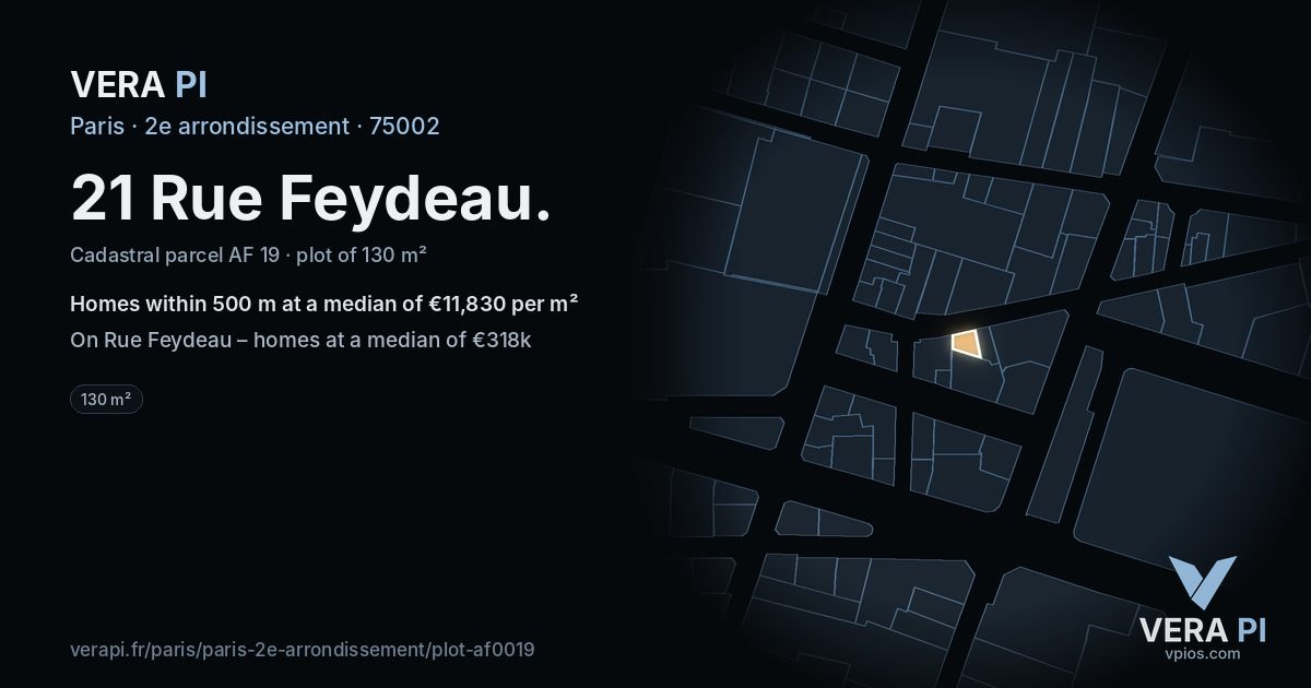 21 Rue Feydeau, 2e arrondissement at night – the plot lit, the parcels around coloured by the prices near them