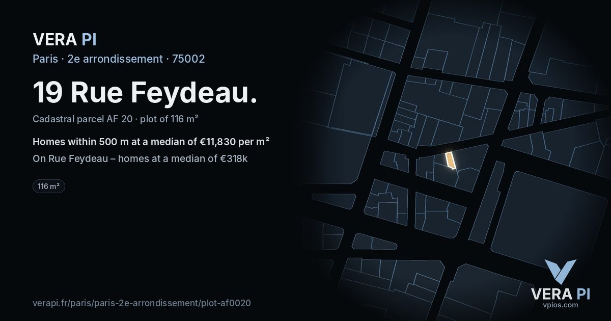 19 Rue Feydeau, 2e arrondissement at night – the plot lit, the parcels around coloured by the prices near them