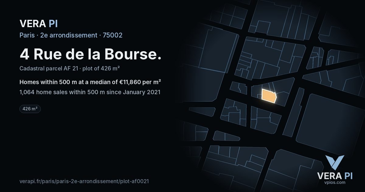 4 Rue de la Bourse, 2e arrondissement at night – the plot lit, the parcels around coloured by the prices near them